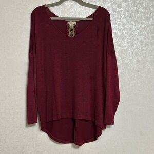 Energe World Wear Top Burgundy Red Long Sleeve High Low Hem Boho Embroidered XL‎